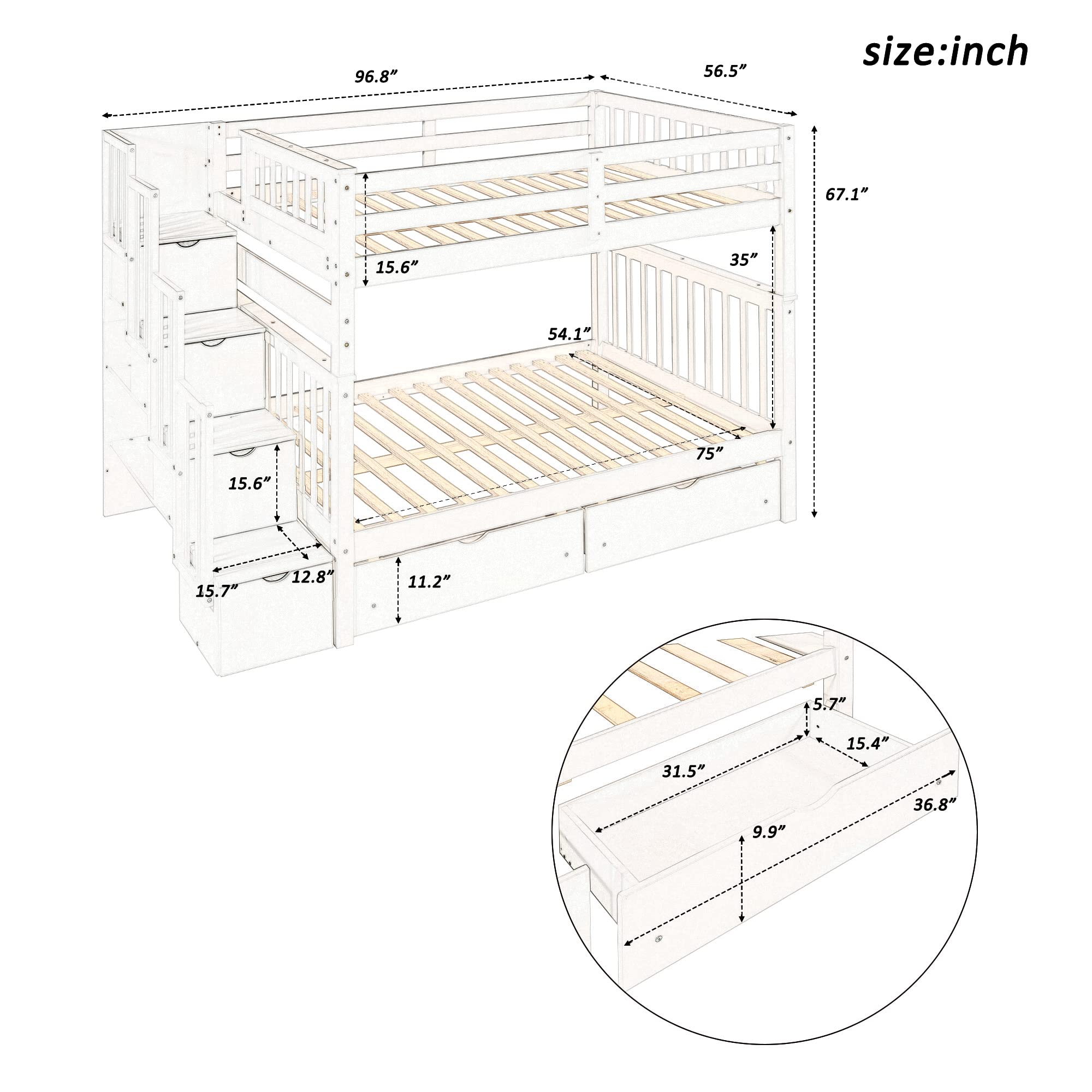 【Furniture】Full Over Full Bunk Bed with Shelves, Stairway Bunk Bed Full