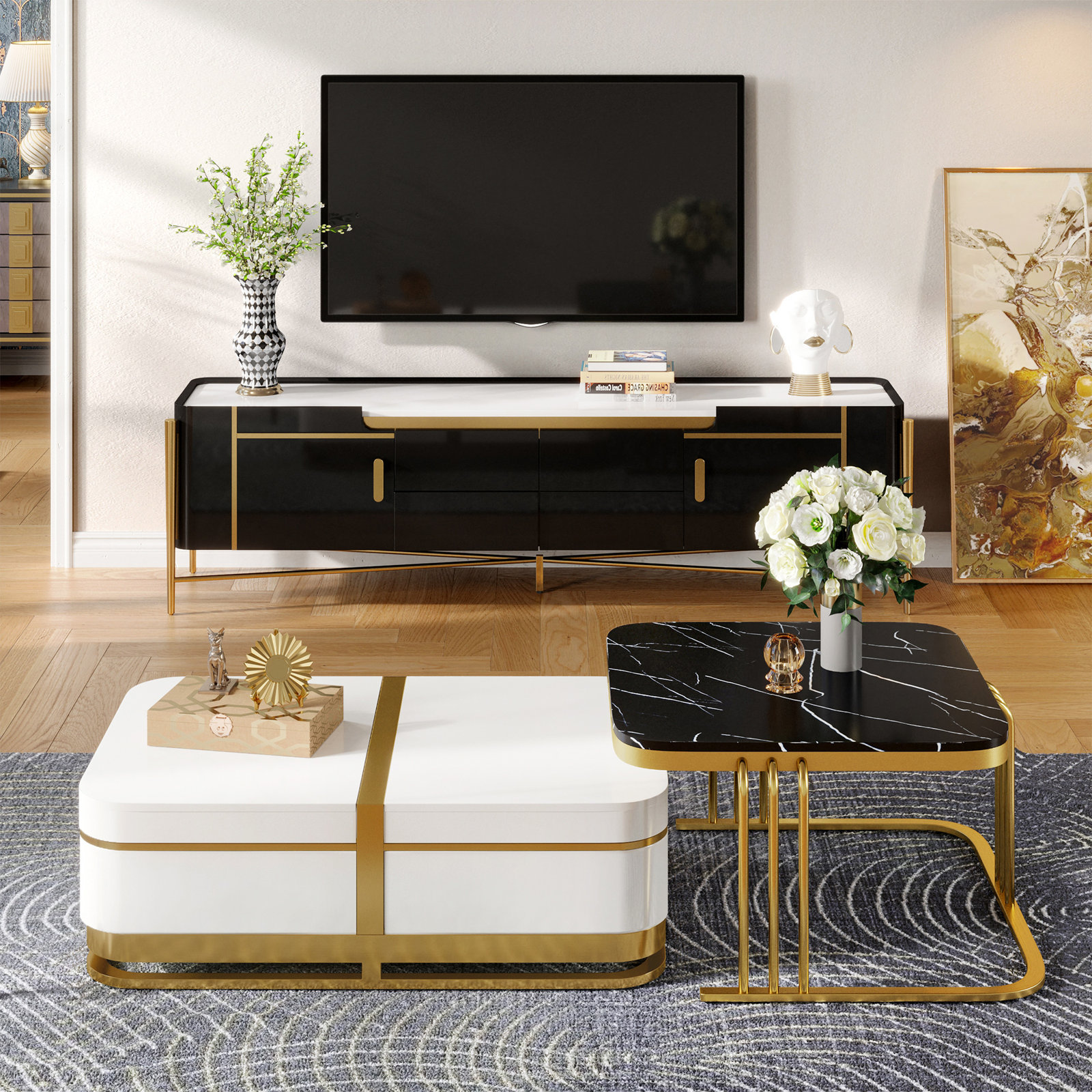 【Furniture】Rectangular Nesting Coffee Table with Storage for Living