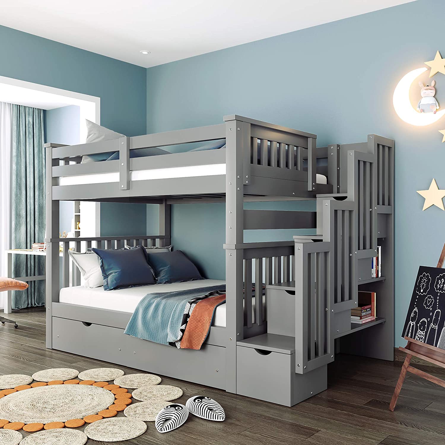 【Furniture】Full Over Full Bunk Bed With Shelves, Stairway Bunk Bed Full ...