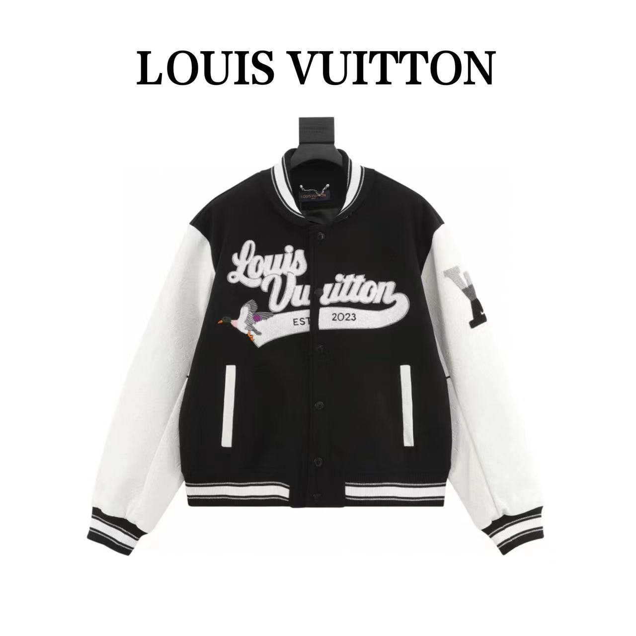 Louis Vuitton embroidered lettering leather sleeve patchwork baseball jacket