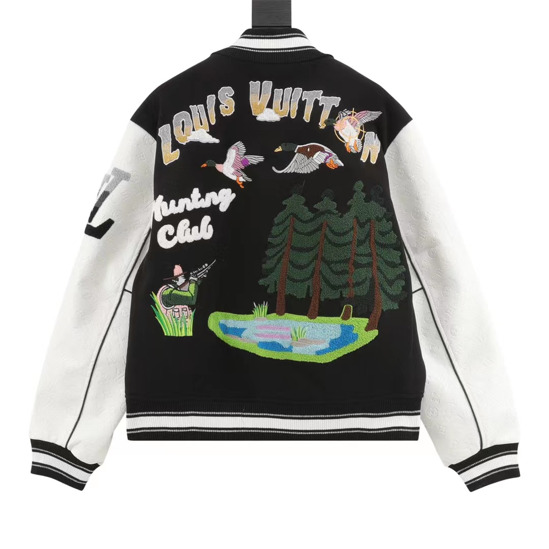 Louis Vuitton embroidered lettering leather sleeve patchwork baseball jacket