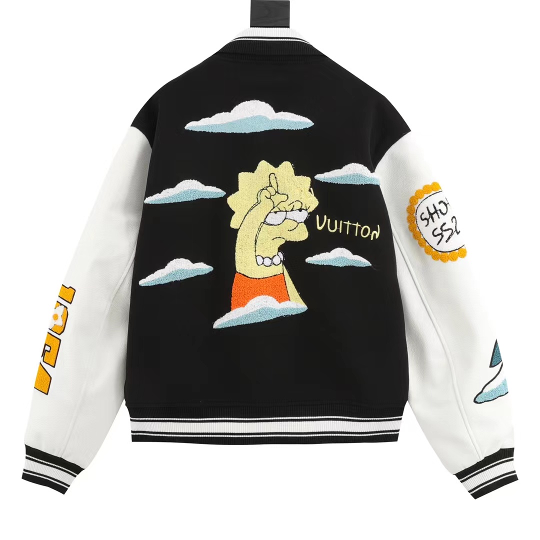 Louis Vuitton embroidered lettering leather sleeve patchwork baseball jacket