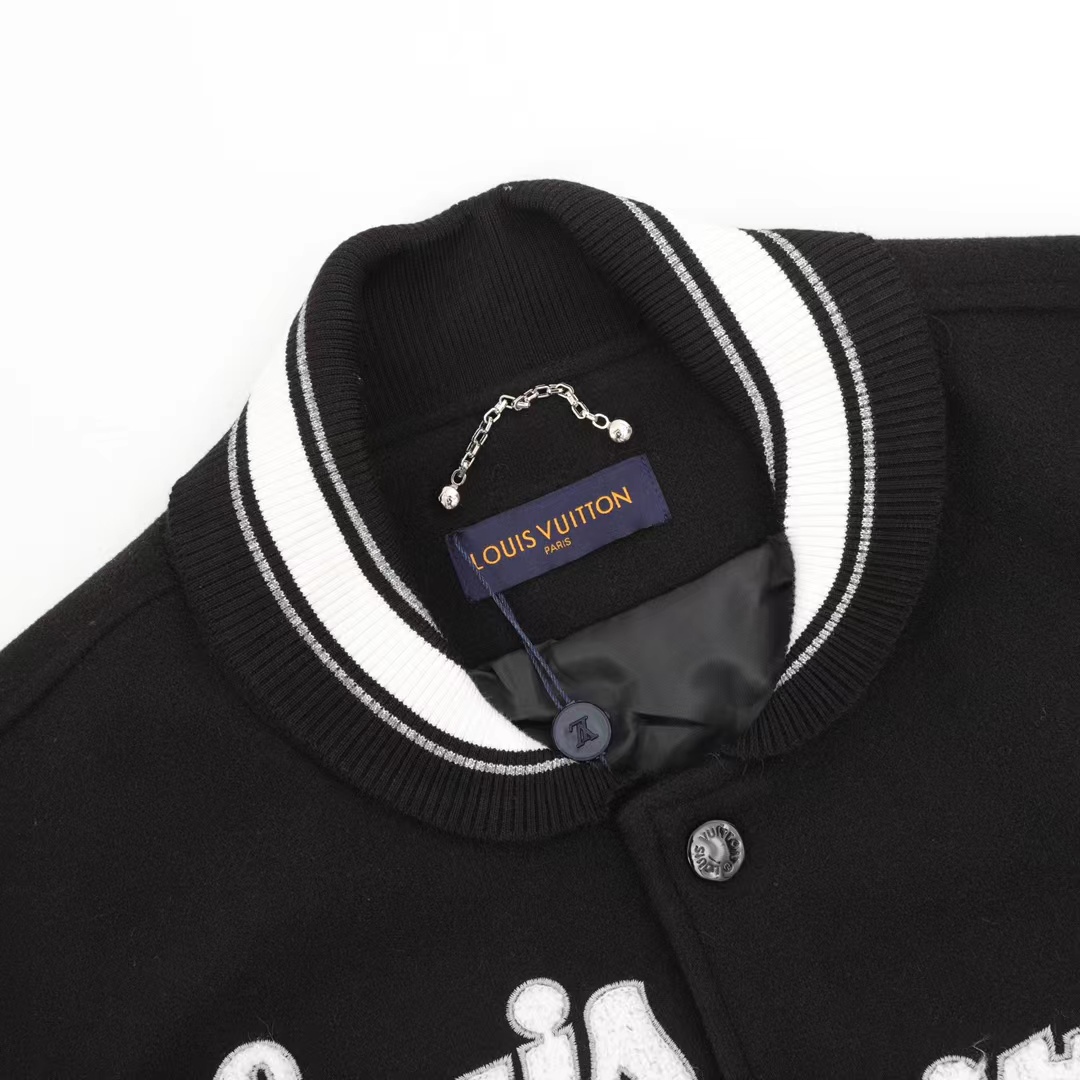 Louis Vuitton embroidered lettering leather sleeve patchwork baseball jacket
