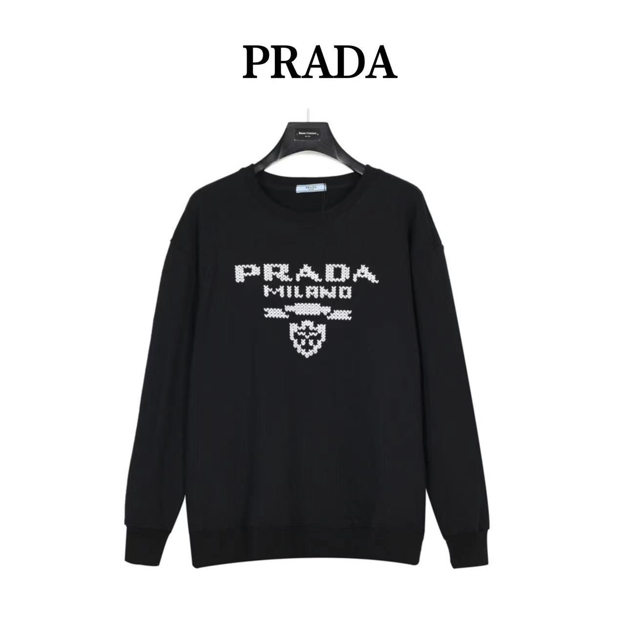 Prada 23Fw mosaic logo embroidered cotton crew neck sweatshirt