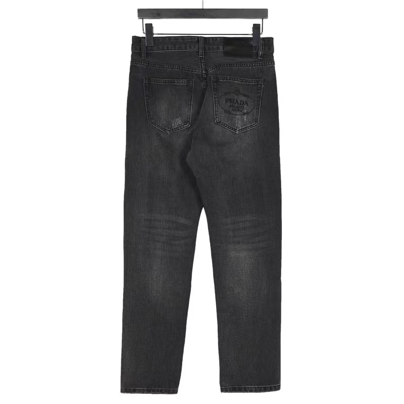Prada 23Fw triangle logo and logo embroidered washed jeans