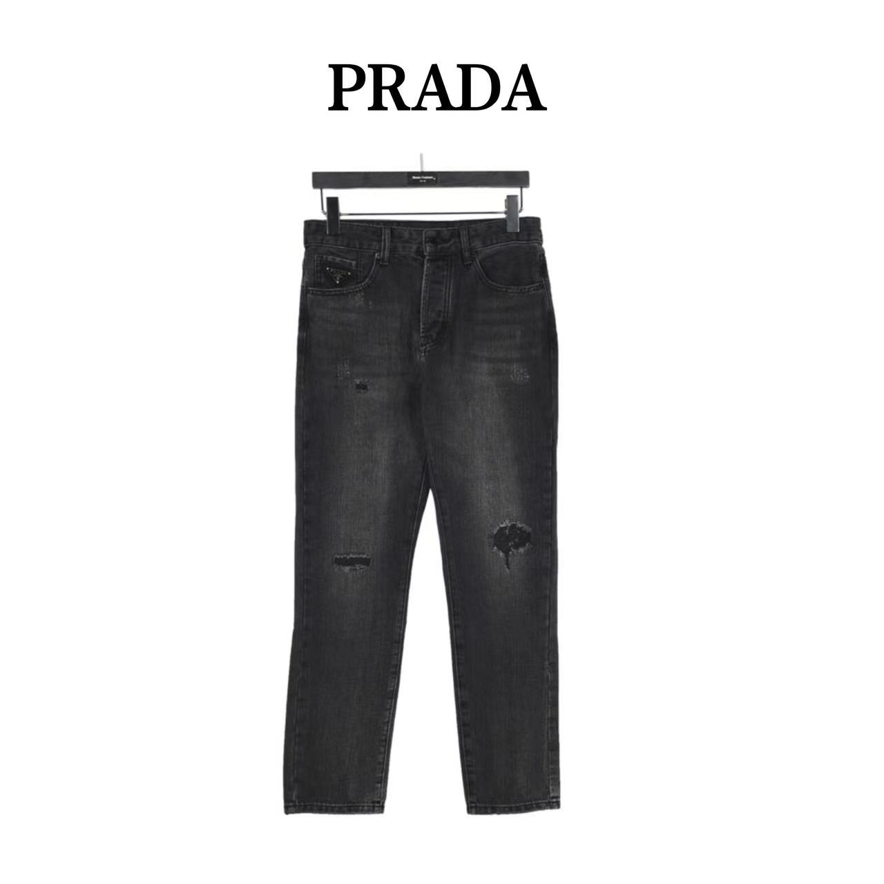 Prada 23Fw triangle logo and logo embroidered washed jeans