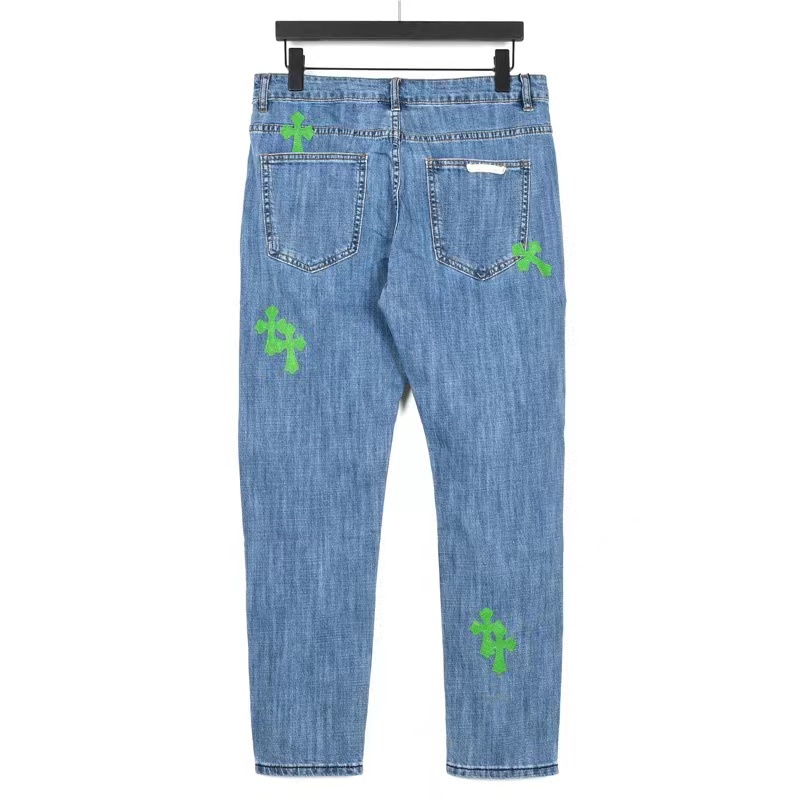 Cross patchwork leather embroidery patchwork green jeans