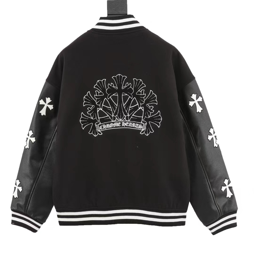 Crow Heart Cross Embroidered Letters Leather Sleeves Patchwork Baseball Jacket