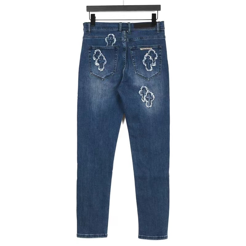 Heavy hand-stitched washed and polished cross jeans