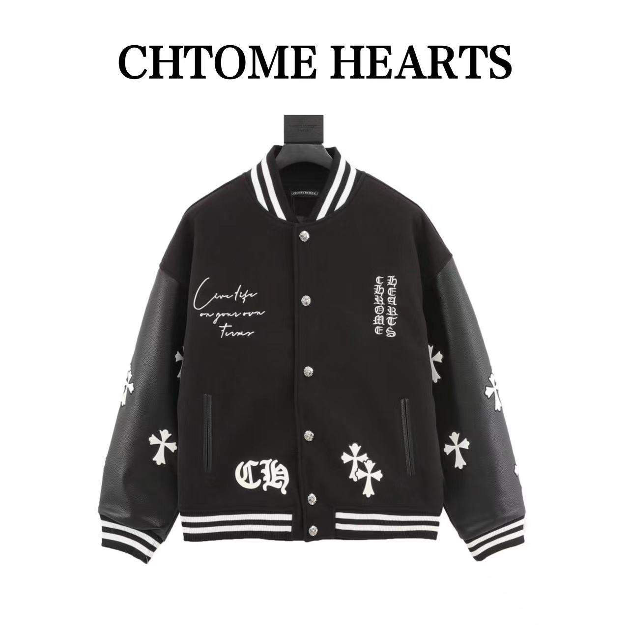 Crow Heart Cross Embroidered Letters Leather Sleeves Patchwork Baseball Jacket