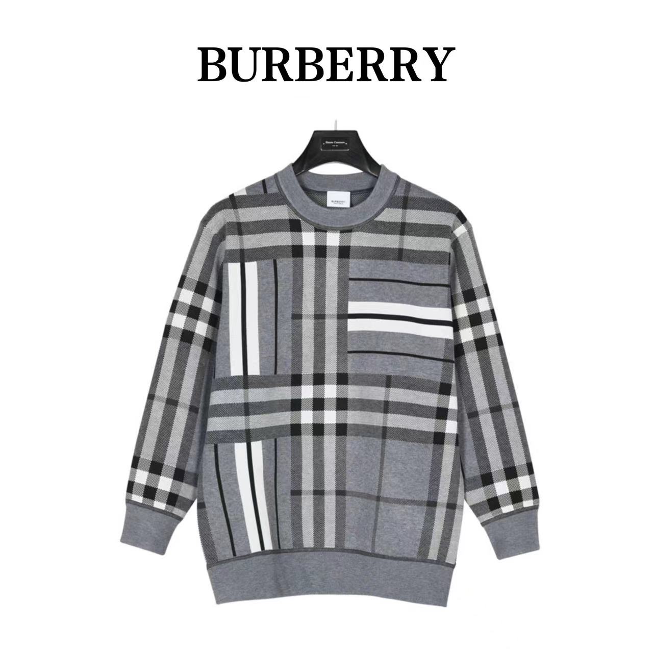 Burberry 23Fw plaid patchwork striped knitted cardigan sweater
