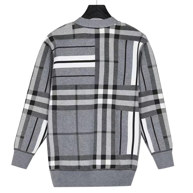 Burberry 23Fw plaid patchwork striped knitted cardigan sweater