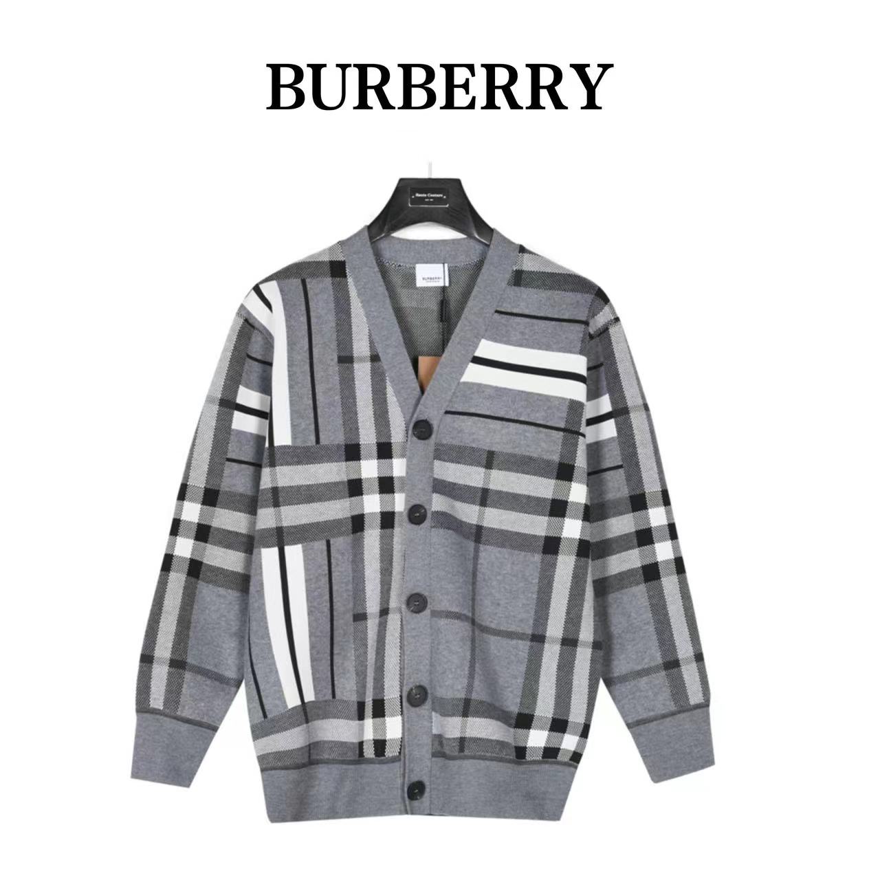 Burberry 23Fw plaid patchwork striped knitted cardigan sweater