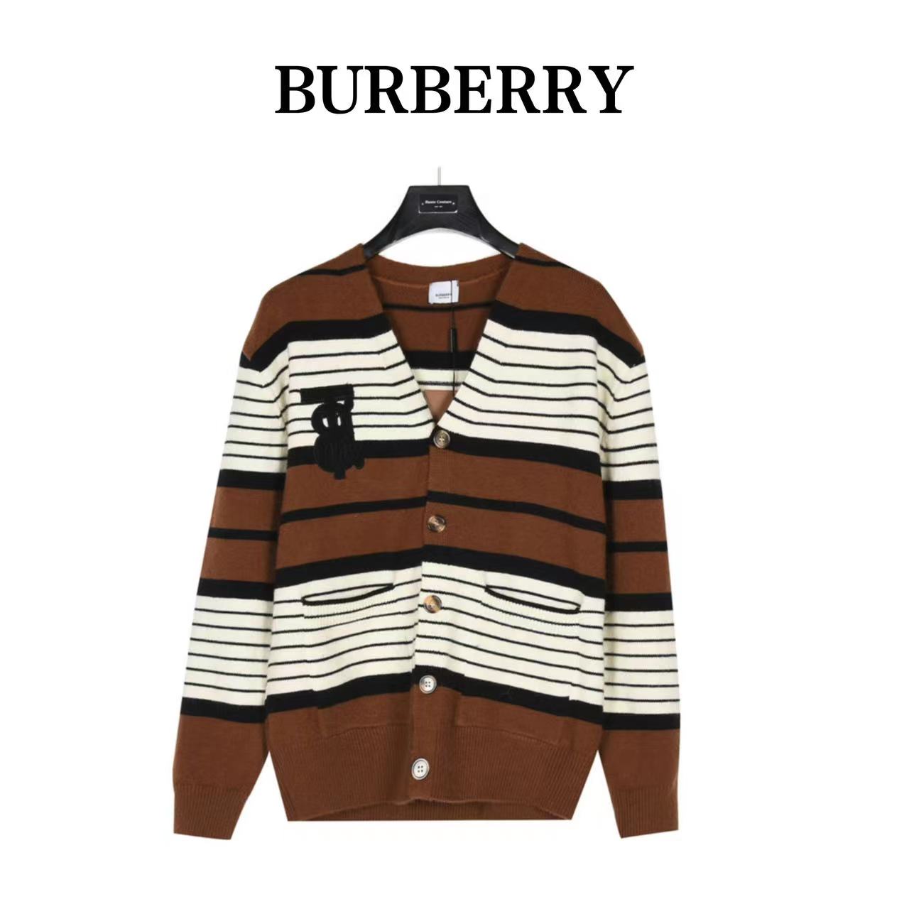 Burberry 23Fw embroidered monogram striped knitted cardigan
