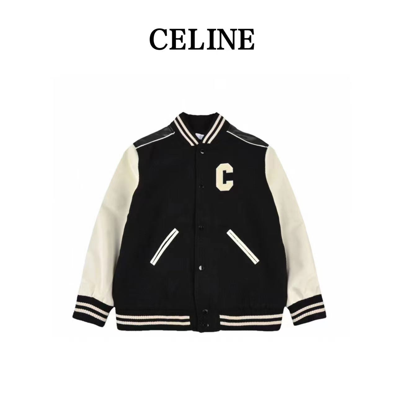 Celine 22FW big C towel embroidered leather sleeve baseball uniform jacket