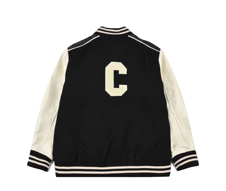 Celine 22FW big C towel embroidered leather sleeve baseball uniform jacket