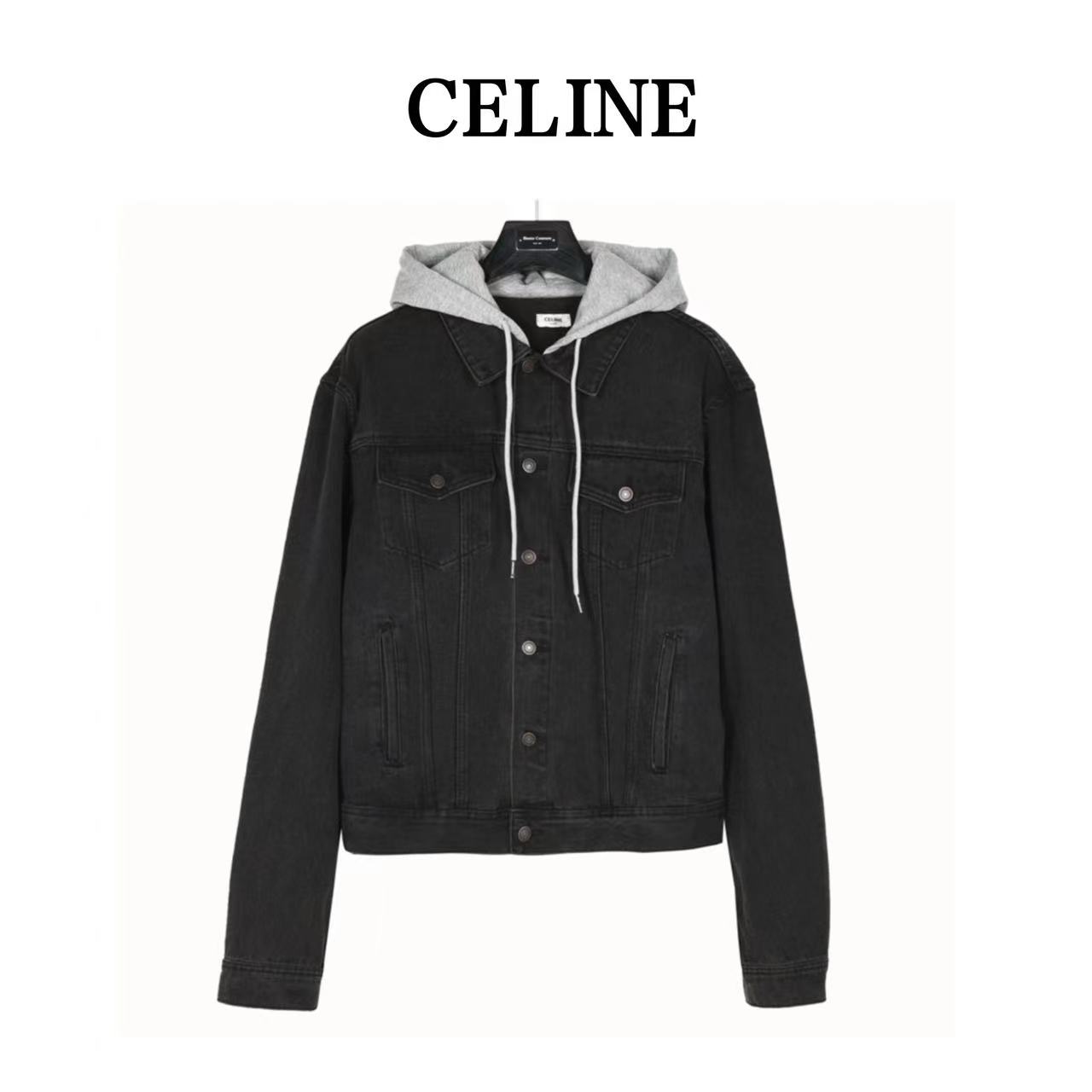 Celine 23Fw hooded printed patchwork denim jacket