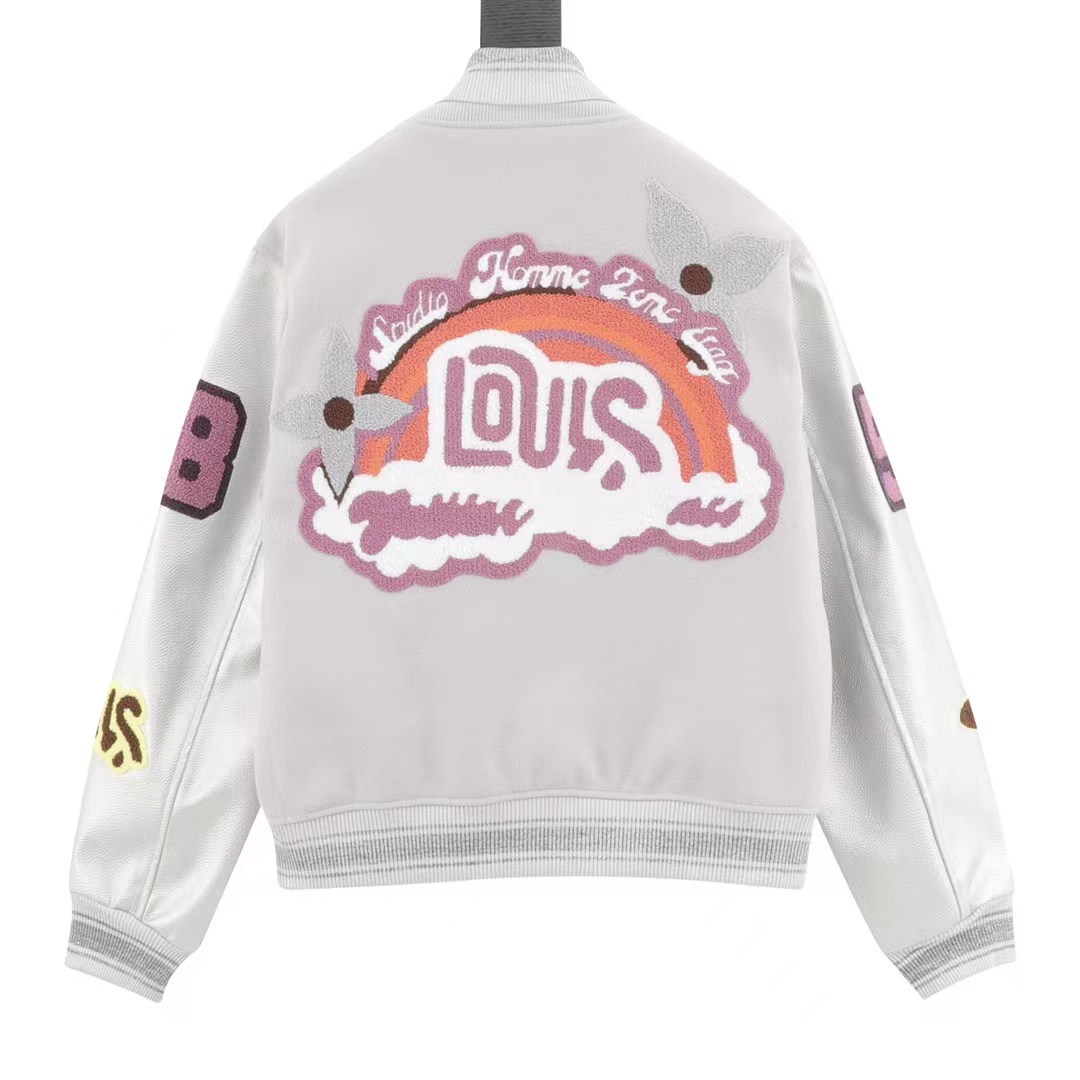 Louis Vuitton embroidered lettering leather sleeve patchwork baseball jacket