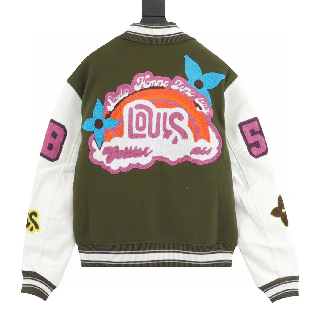 Louis Vuitton embroidered lettering leather sleeve patchwork baseball jacket