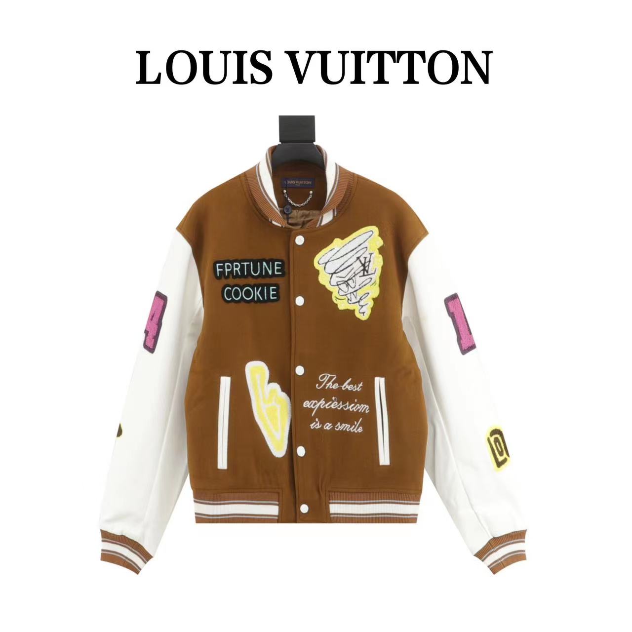 Louis Vuitton embroidered lettering leather sleeve patchwork baseball jacket
