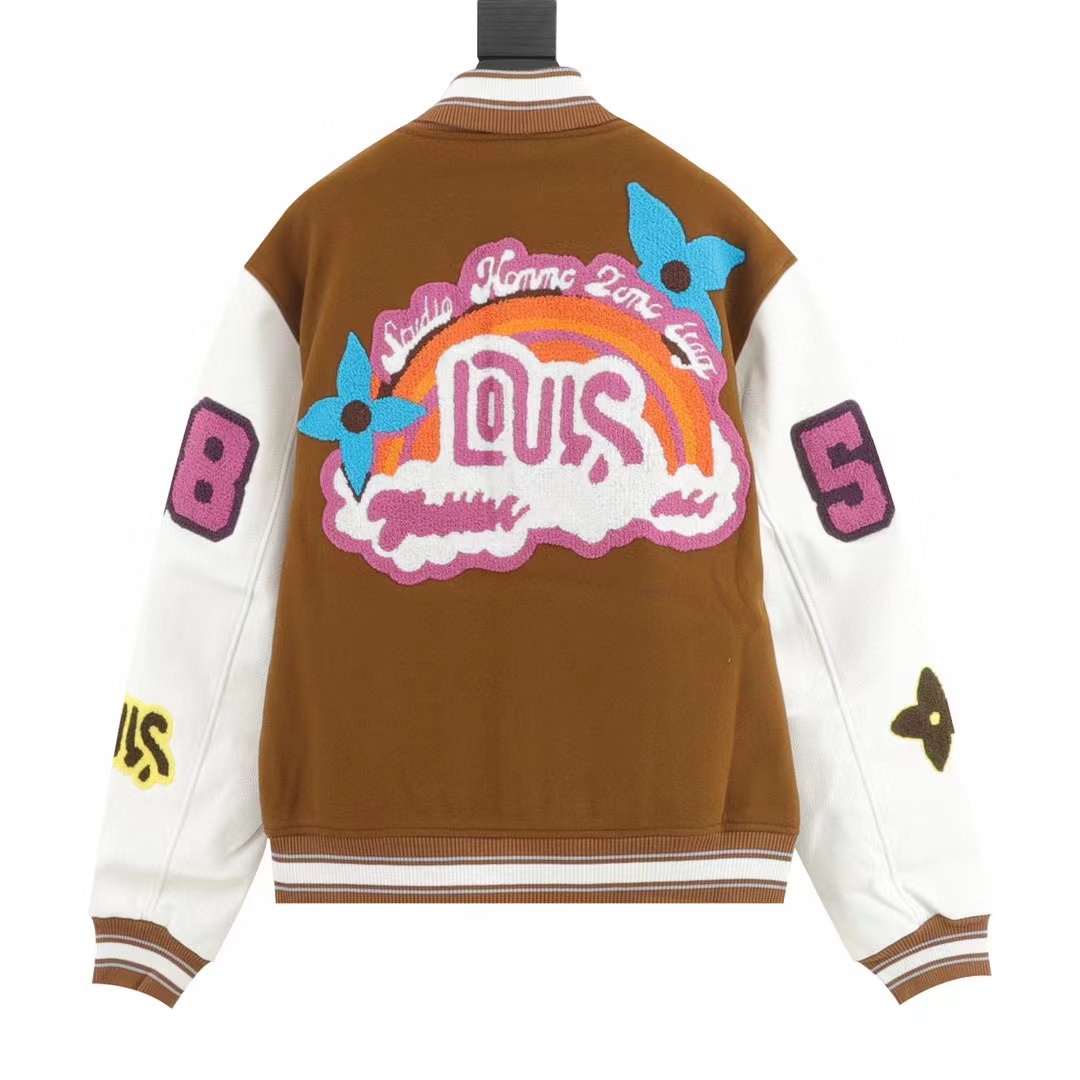Louis Vuitton embroidered lettering leather sleeve patchwork baseball jacket