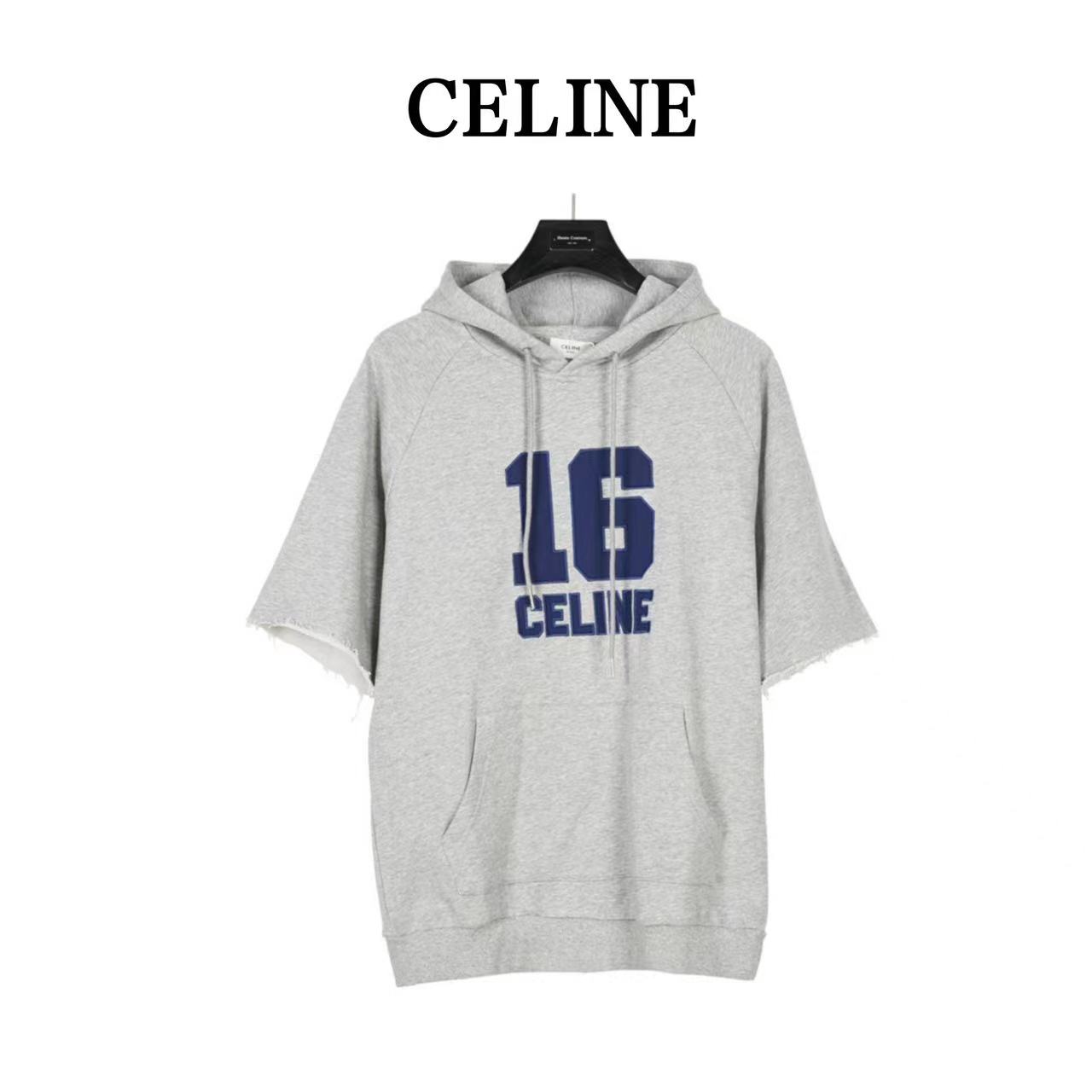 Celine 23Fw patch embroidered lettering half-sleeve hooded sweatshirt