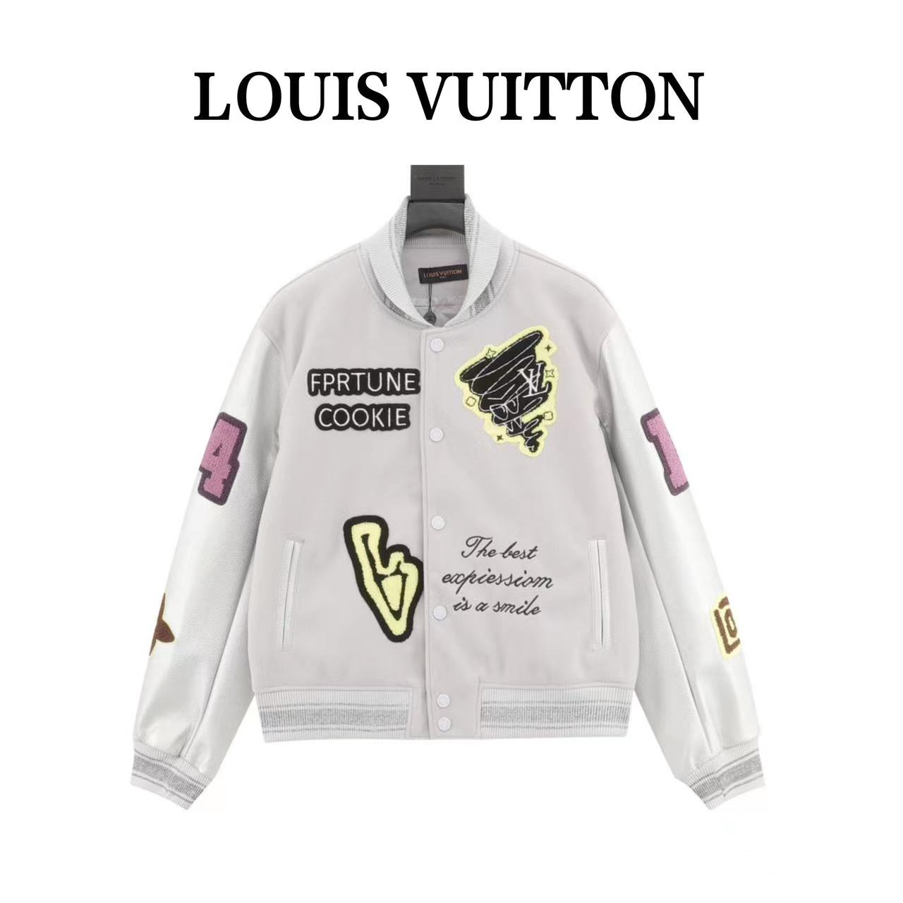 Louis Vuitton embroidered lettering leather sleeve patchwork baseball jacket