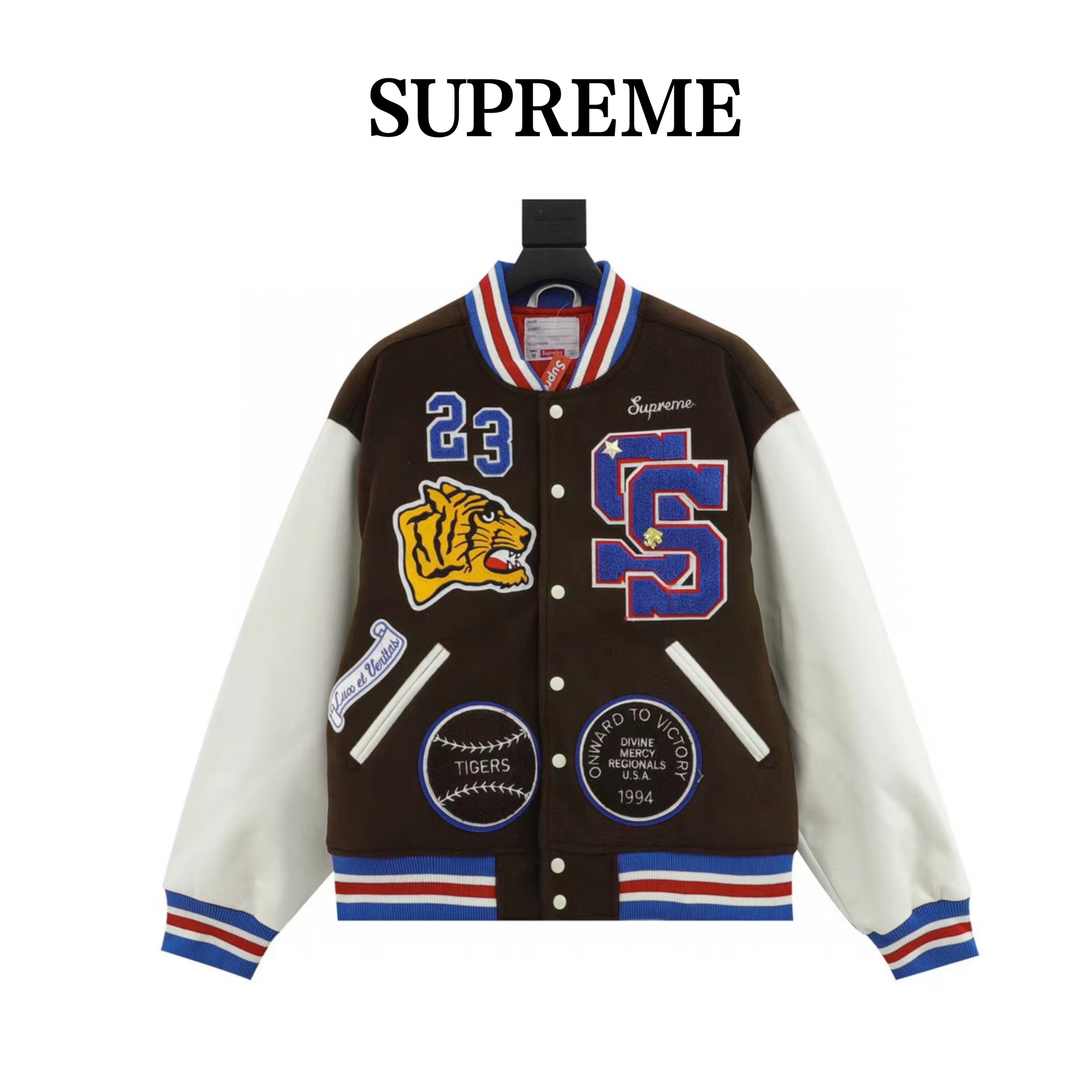 Supreme embroidered lettering leather sleeve patchwork baseball jacket