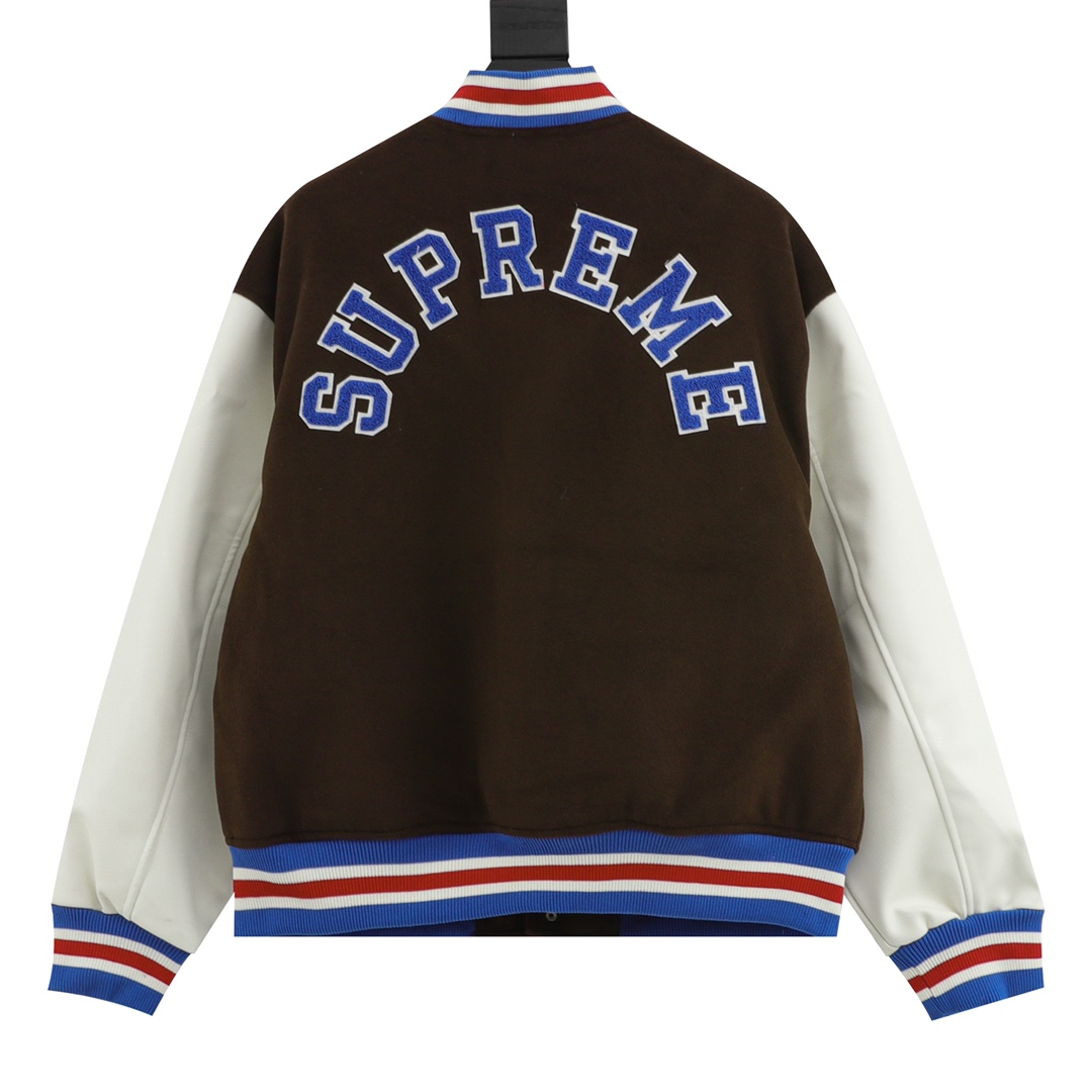 Supreme embroidered lettering leather sleeve patchwork baseball jacket