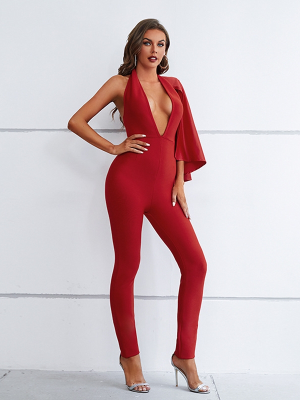 Sexy Deep V Halter Neck Jumpsuit Aucary 1433