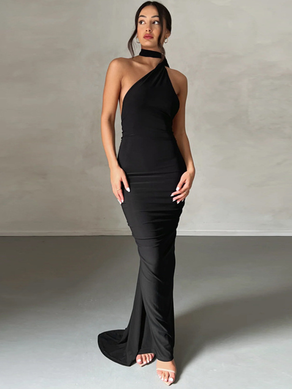 Sexy Hanging Neck Open Back Pleated Solid Color Dress - Aucary
