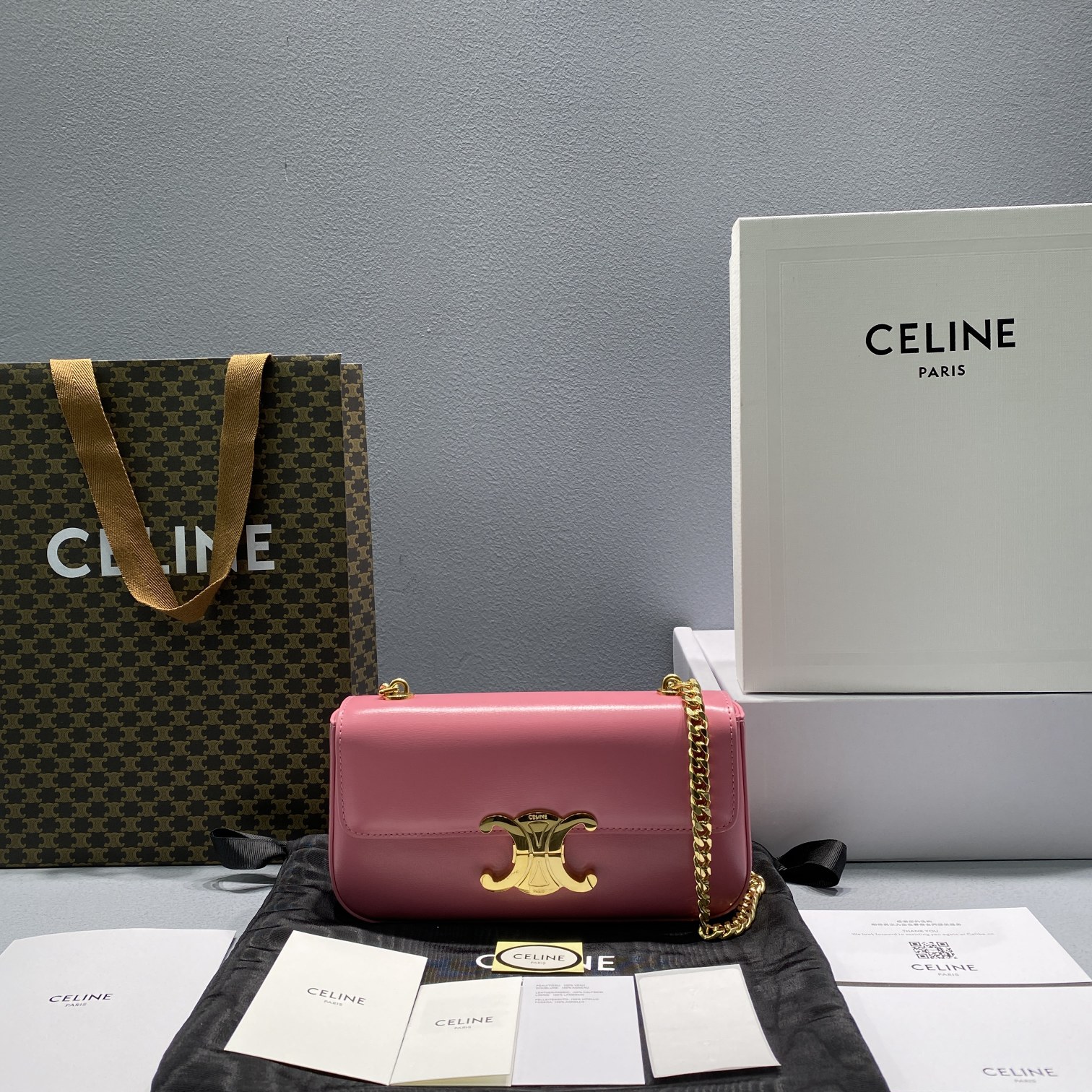 Celine Chain Shoulder Bag Triomphe Pink For Women 8in/20.5cm