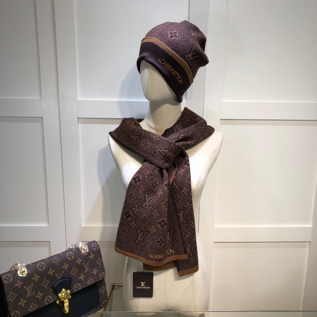 Louis Vuitton Beanie & Scarf Set In Brown