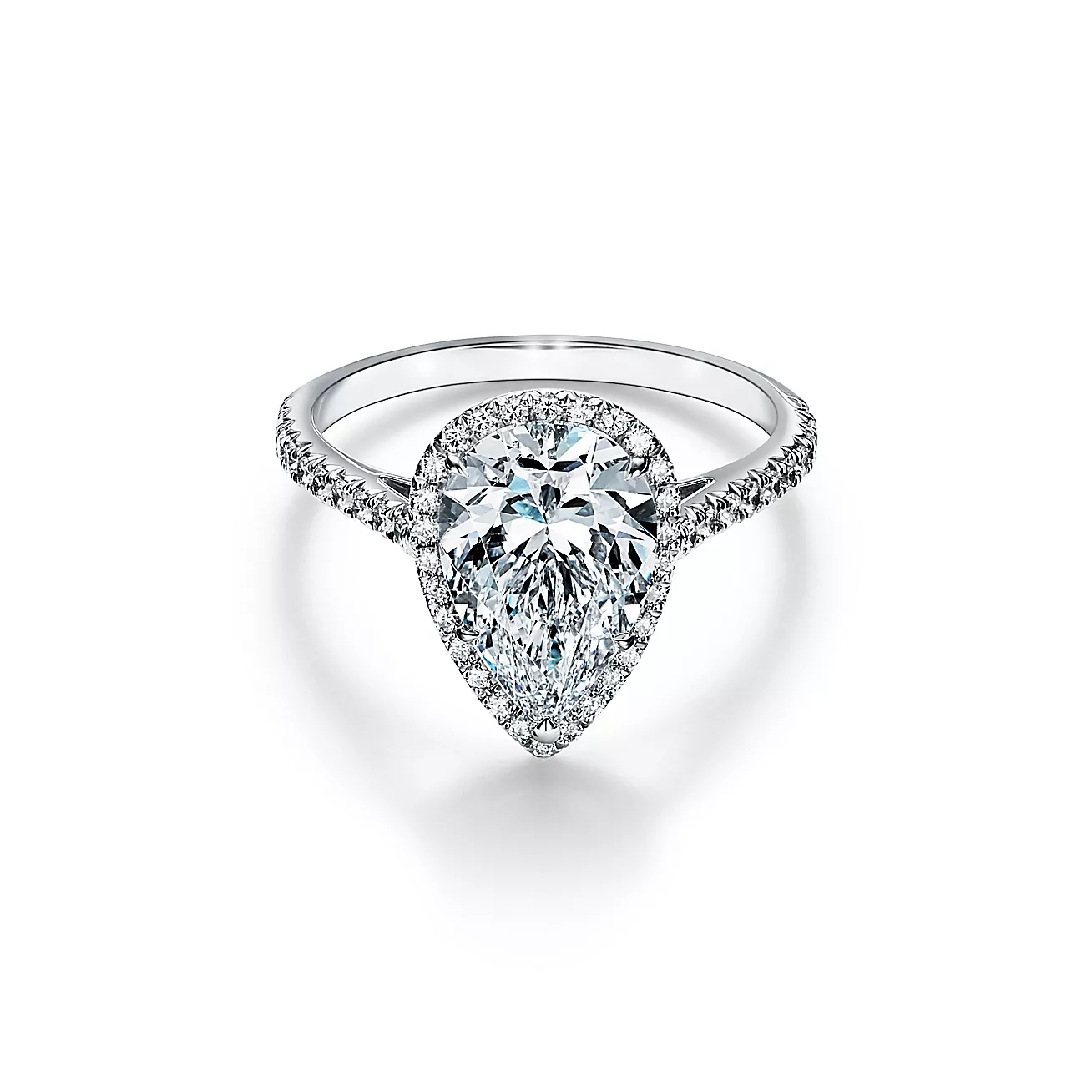 Soleste® Pear-shaped Halo Engagement Ring with a Diamond Platinum Band