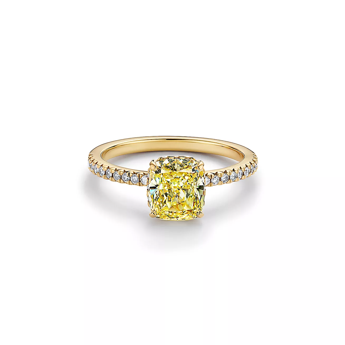 Engagement Ring with a Cushion-cut Yellow Diamond and an 18k Yellow Gold Diamond Band