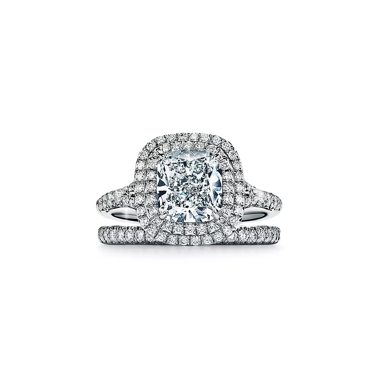 Soleste® Cushion-cut Double Halo Engagement Ring with a Diamond Platinum Band