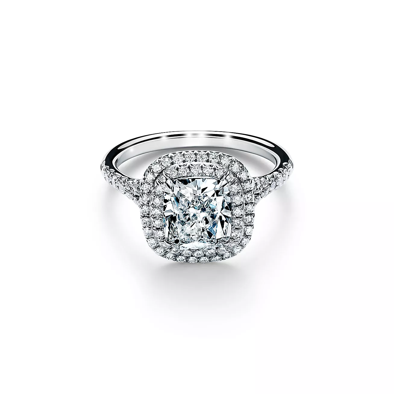Soleste® Cushion-cut Double Halo Engagement Ring with a Diamond Platinum Band