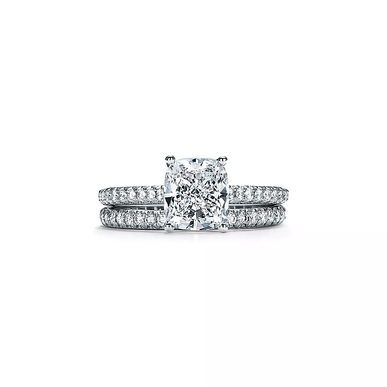 Novo® Cushion-cut Engagement Ring with a Pavé Diamond Platinum Band