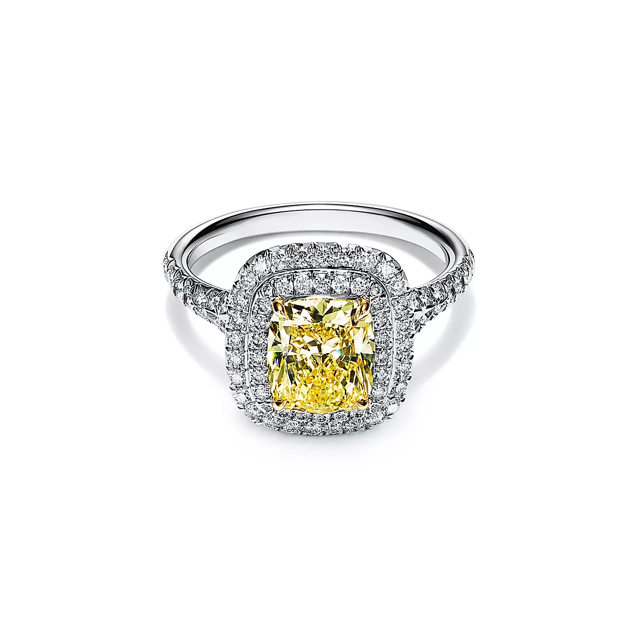 Soleste® Cushion-cut Yellow Diamond Halo Engagement Ring in Platinum