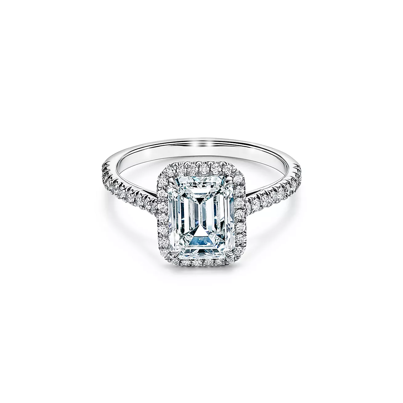 Soleste® Emerald-cut Halo Engagement Ring with a Diamond Platinum Band