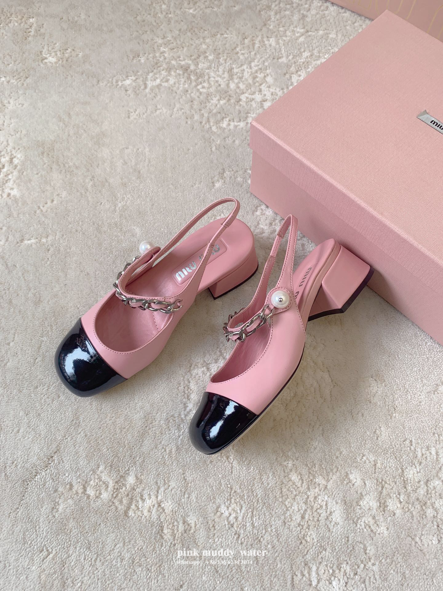 Leather and patent leather slingback pumps