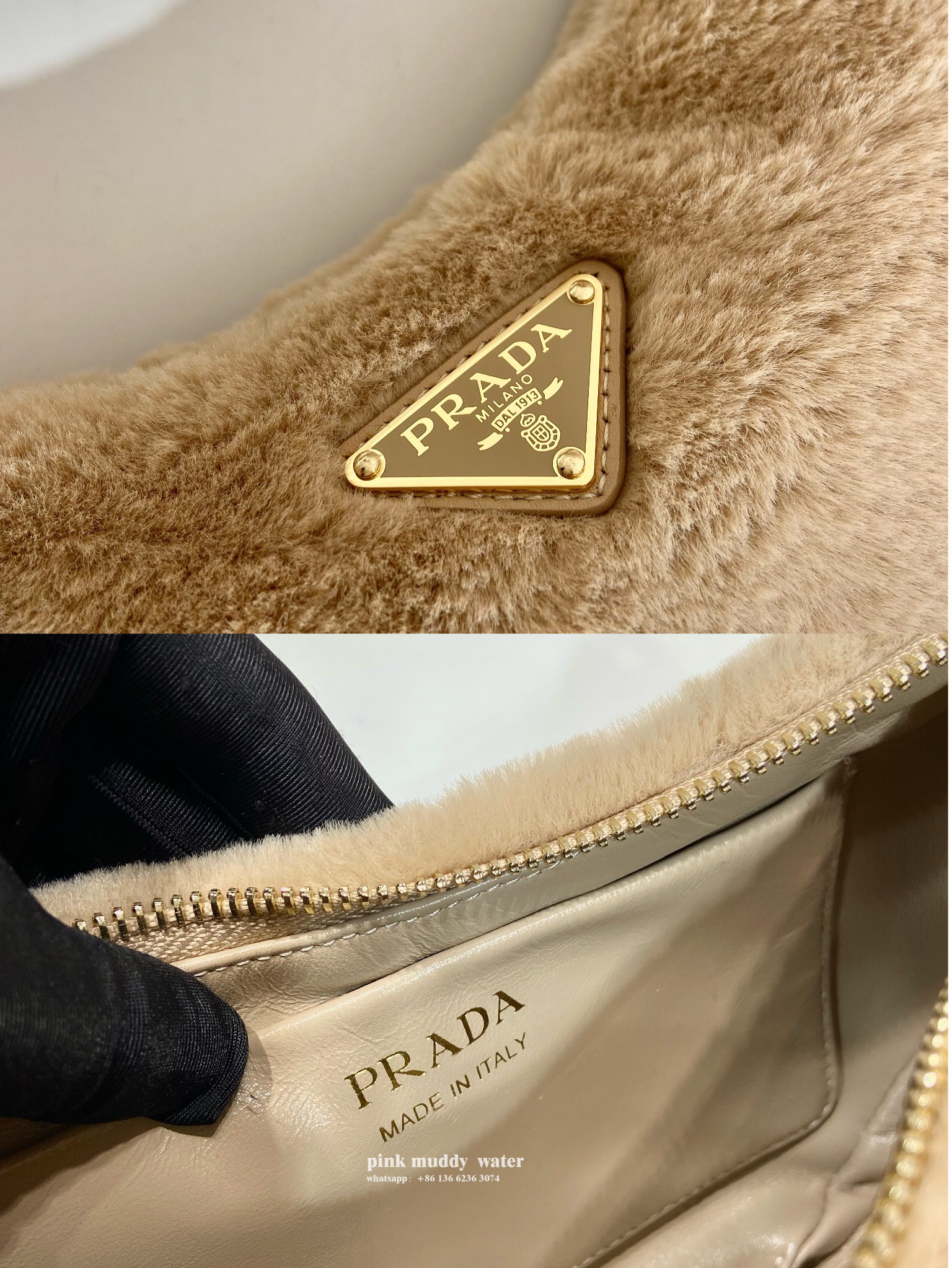 Prada Arqué shearling and leather shoulder bag