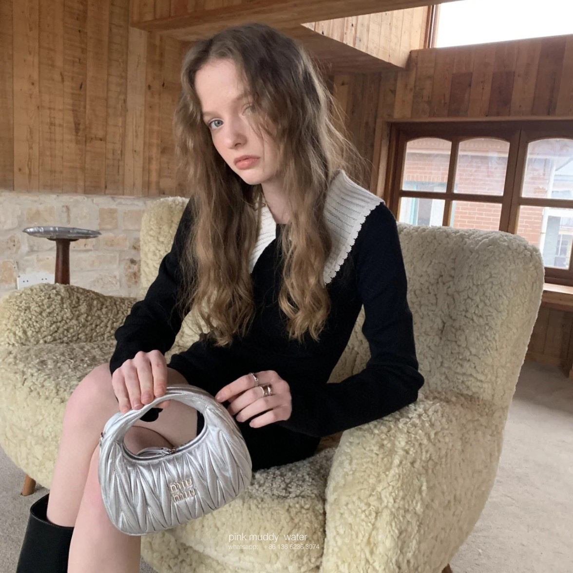 Wander leather detail shearling crescent bag