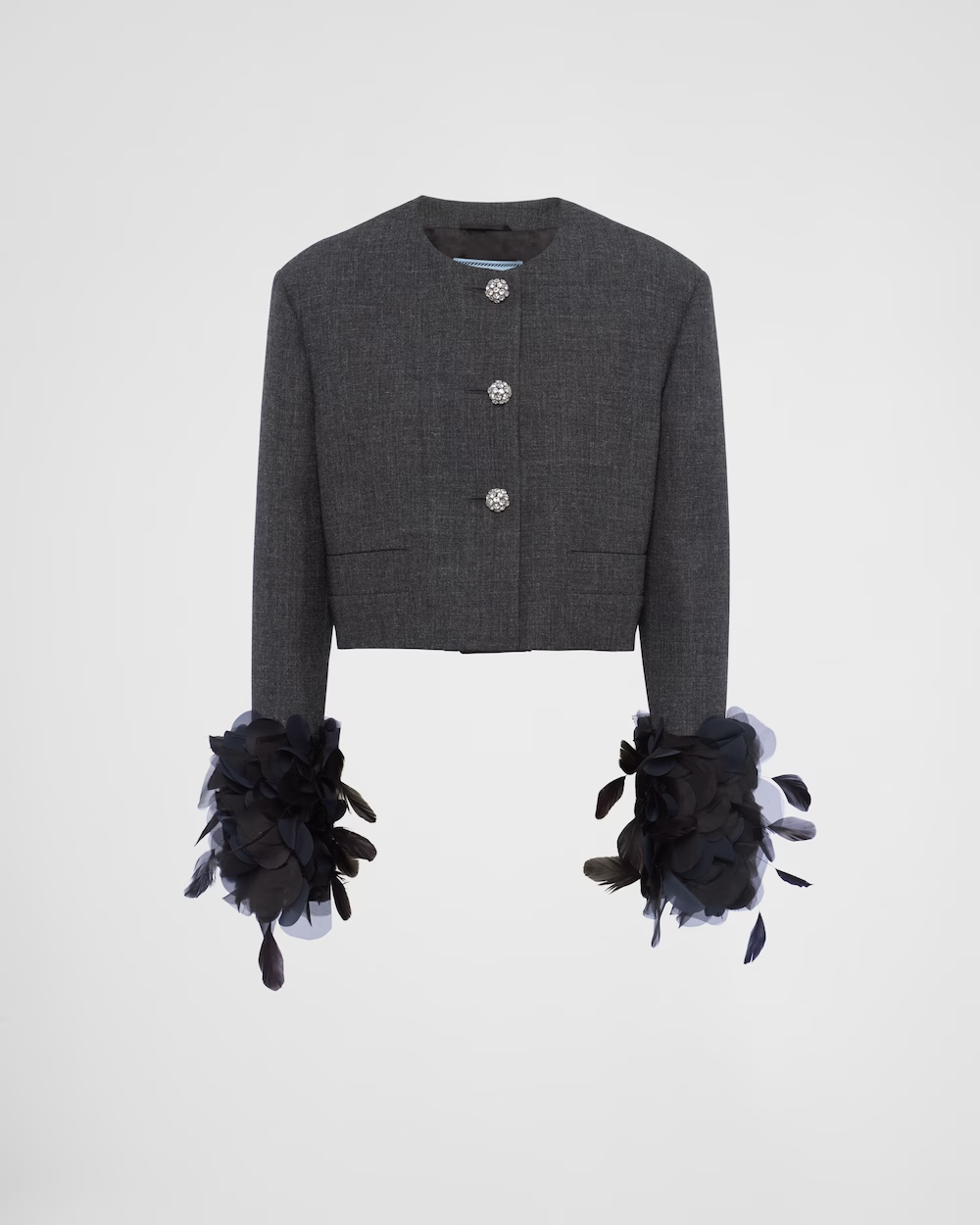 Feather-trimmed single-breasted wool jacket
