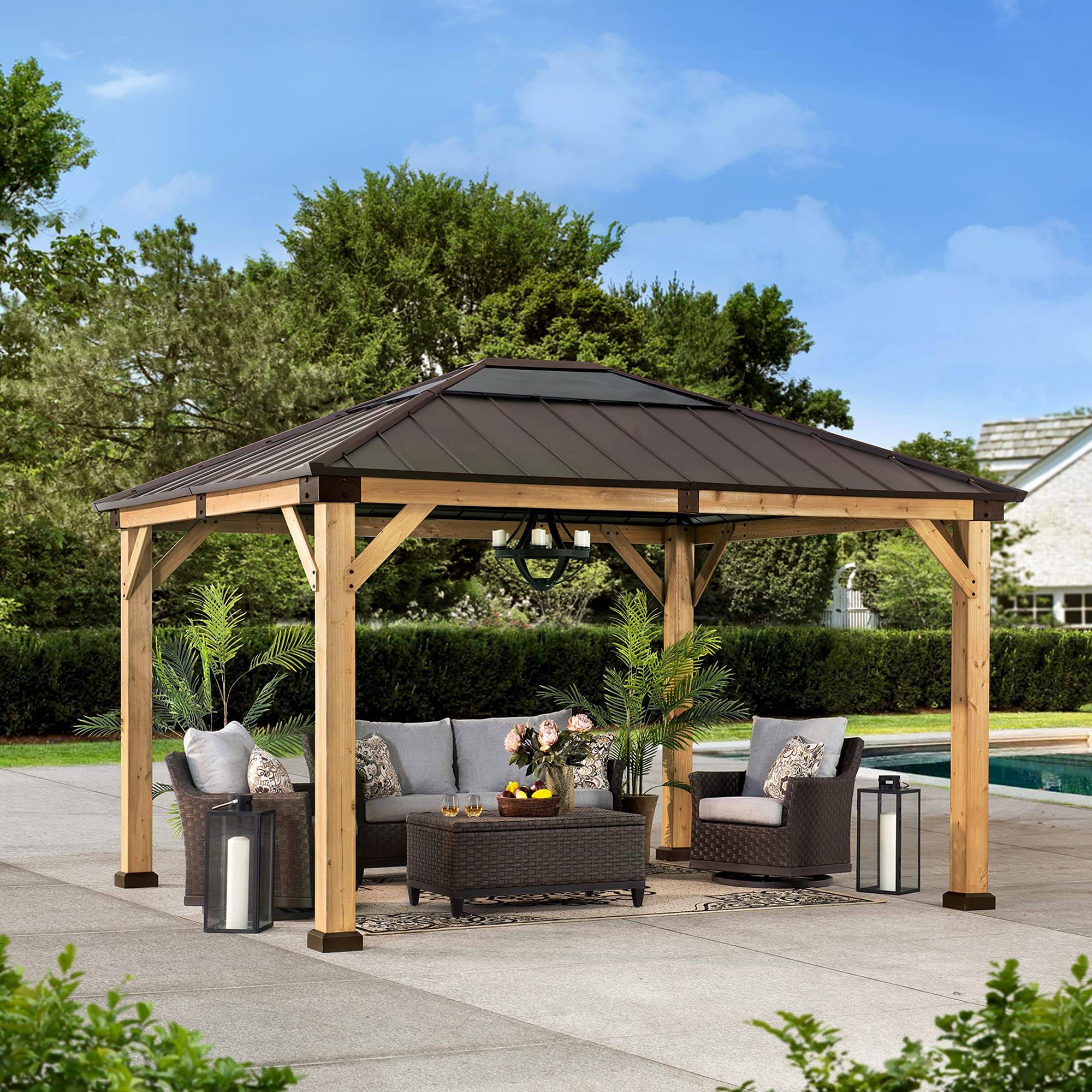 Sunjoy 11 ft. x 13 ft. Cedar Framed Gazebo with Brown Steel and ...