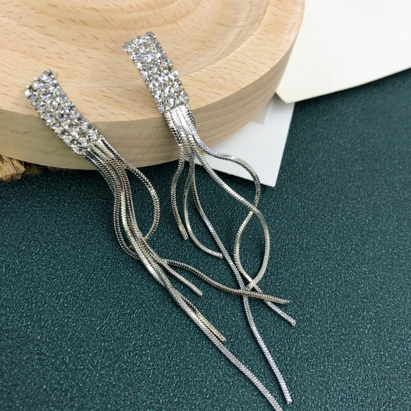 ECGIFT ER015 S925 Long Chain Tassel Earrings Dangling Diamond Earrings for Women Ladies Fashion