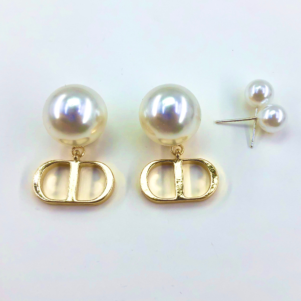 ECGIFT ER009 S925 Silver Needle Pearl Double D Pendant Earrings Korean Styles Elegant Short 2ways for Wearing