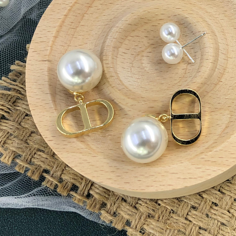 ECGIFT ER009 S925 Silver Needle Pearl Double D Pendant Earrings Korean Styles Elegant Short 2ways for Wearing