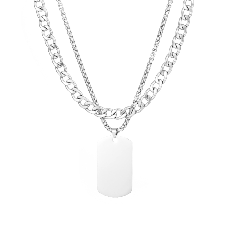 ECGIFT NE028 Personalized Military Badge Necklace Double Chain Necklace With Engraved Kid Names Birthday Date Father's Day Gift For Men