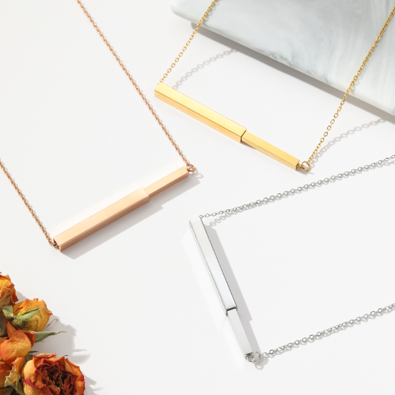 ECGIFT NE027 Personalized Locket Pendant Pull-Out Necklace With Engraved Text on 8 sides Birthday Anniversary Gift For Friend Lover